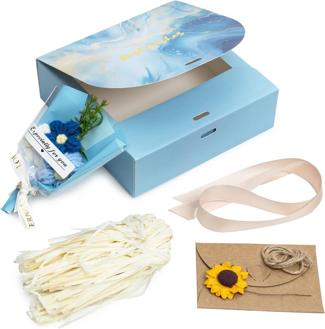 RUBBER BOND Gift Box with Lid for Presents - 6.5"x6.5"x2" Gift Packaging Set with Flower Bouquet, Card and Shredded Papers  Luxury Groomsmen, Bridesmaid Proposal Box - Printed Blue