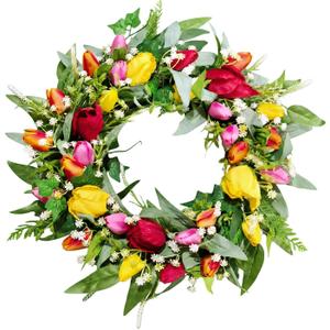 Tulip Wreaths for Front Door Decor, 22" Artificial Tulips Babysbreath Wreath Decorations for Spring Summer Home Door Window Outside Wall Indoor Outdoor Porch and Birthday Mother's Day Party