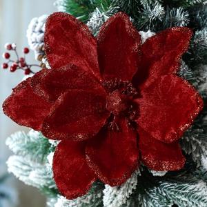 Thiccywoov 8 Pcs Large Christmas Flower Magnolia Flowers Christmas Tree Decoration Artificial Poinsettia Stems Velvet Xmas Ornaments for Xmas Tree Table Decor (Burgundy,12 Inch)