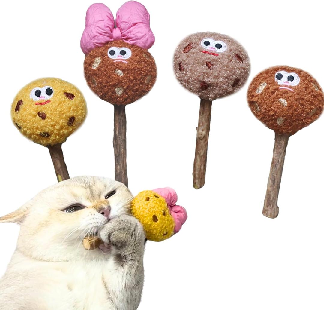 4 Pack Catnip & Silvervine Lollipops, Cat Chew Toy for Kitten Teething, Interactive Cat Toy for Bored Indoor Cats, Cat Kicker Toy