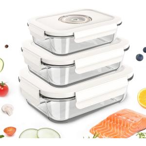 Glass Vacuum Seal Containers for Food Storage 3pcs set [Small + Medium + Large] | Work with Handheld Vacuum Sealer Machine