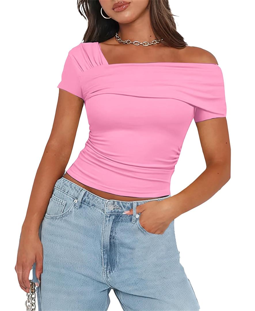 Women's Off The Shoulder Crop Top Asymmetrical Tshirt Pink S (Pink, S)