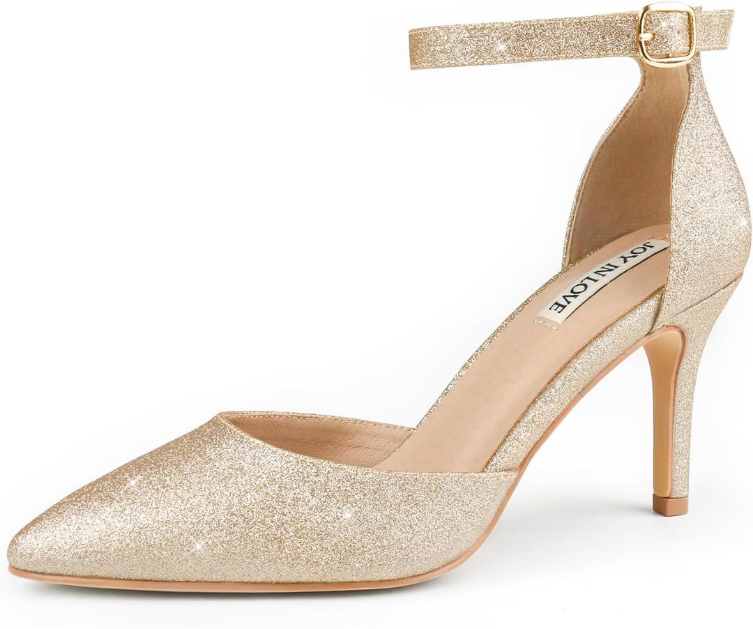 JOY IN LOVE Closed Toe Heels Pumps for Women 3IN Stiletto Pointed Toe Ankle Strap Heels (6.5, Gold Glitter)