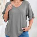 Beautife Womens Plus Size V Neck T Shirts Short Ruffle Sleeve Blouses 2026 Summer Casual Loose Fit Knit Tops (Gray, XXXL)