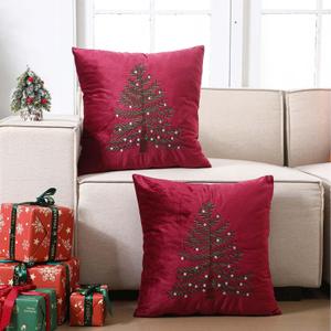 Peryiter 2 Pcs Burgundy Christmas Decoration Pillow Covers 18 X18 Inch Christmas Tree Decorative Red Velvet Embroidery Pillowcases Winter Xmas Party New Years Decor for Home Couch