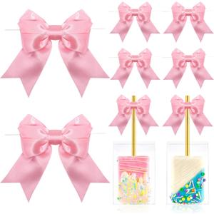 Pink Bows with Twist Ties 3.5 Inch Pre-Tied Double Satin Ribbon Bows for Gift Wrapping, Crafts, Wedding Decor, Treat Bags, Candy Apple, Christmas, Party Favors, Baby Shower (24 Pack)