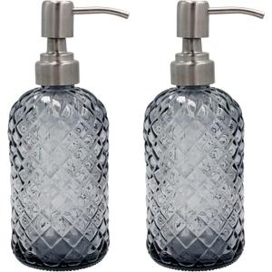16 oz Diamond Pattern Glass Soap Dispenser, Kitchen and Bathroom Refillable Soap Dispenser with Rust Resistant Stainless Steel Pump for Hand Soap, Lotion Glass Liquid Dispenser (Grey-2pack)