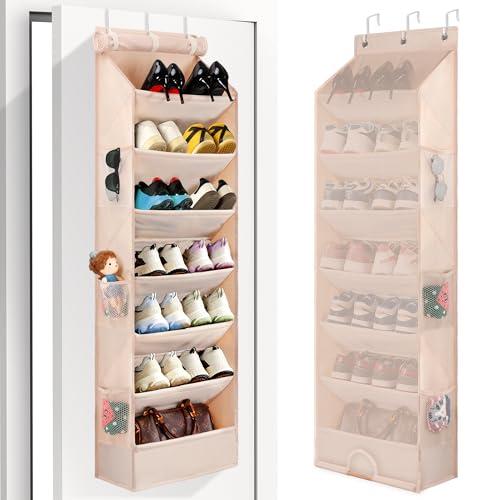 Outink 7 Tier Over The Door Shoe Organizer, Hanging Shoe Rack for Closet with Dustproof Mesh Curtain & 6 Side Pockets, Behind The Door Narrow Shoe Holder Hanger for Sneakers, Boots (Beige)