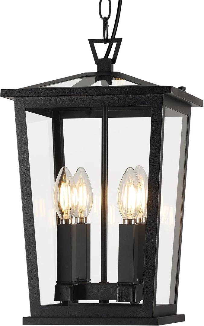 Outdoor Pendant Lights for Porch, 16" 4-Light Large Outdoor Chandelier with Clear Glass, Black Modern Exterior Hanging Porch Light with Long Chain for Gazebo Foyer, OS-OD2601-4HL, Extra Large-Clear Glass