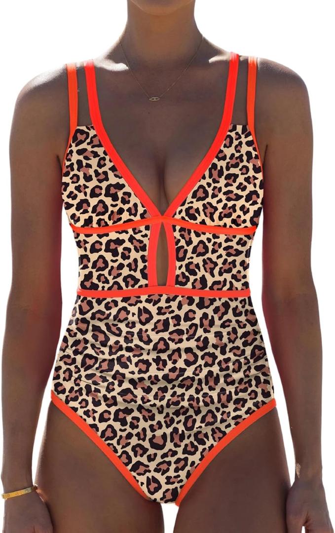 popvil Women One Piece Swimsuit 2026 Tummy Control Sexy Cutout Neon Color Block Bathing Suit Slimming Adjustable Swimwear (Brown, L)