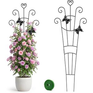 MEILIDY Plant Trellis, 32.6 Inch Expandable Metal Potted Trellis with Tape Tie for Climbing Plants Indoor Outdoor, Black, 2 Packs