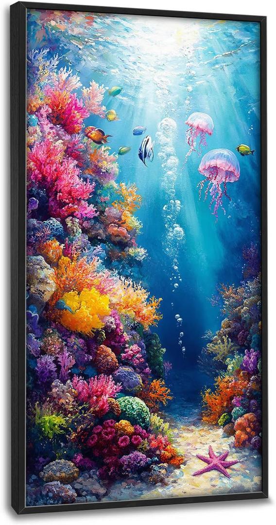 Ocean Large Wall Art Nautical Coral Sealife Pictures Wall Decor Undersea Canvas Seascape Print Painting Modern Artwork Home Decoration for Entrance Living Room Bathroom Bedroom Office Framed 60"x30", 60L" x 30W"
