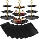 9 Pcs Black Cupcake Display Set Includes 6 Rectangle Cupcake Stand and 3 Pcs Round 3-Tier Serving Tray Dessert Stand for Wedding Birthday Party Baby Shower(Crown Style)
