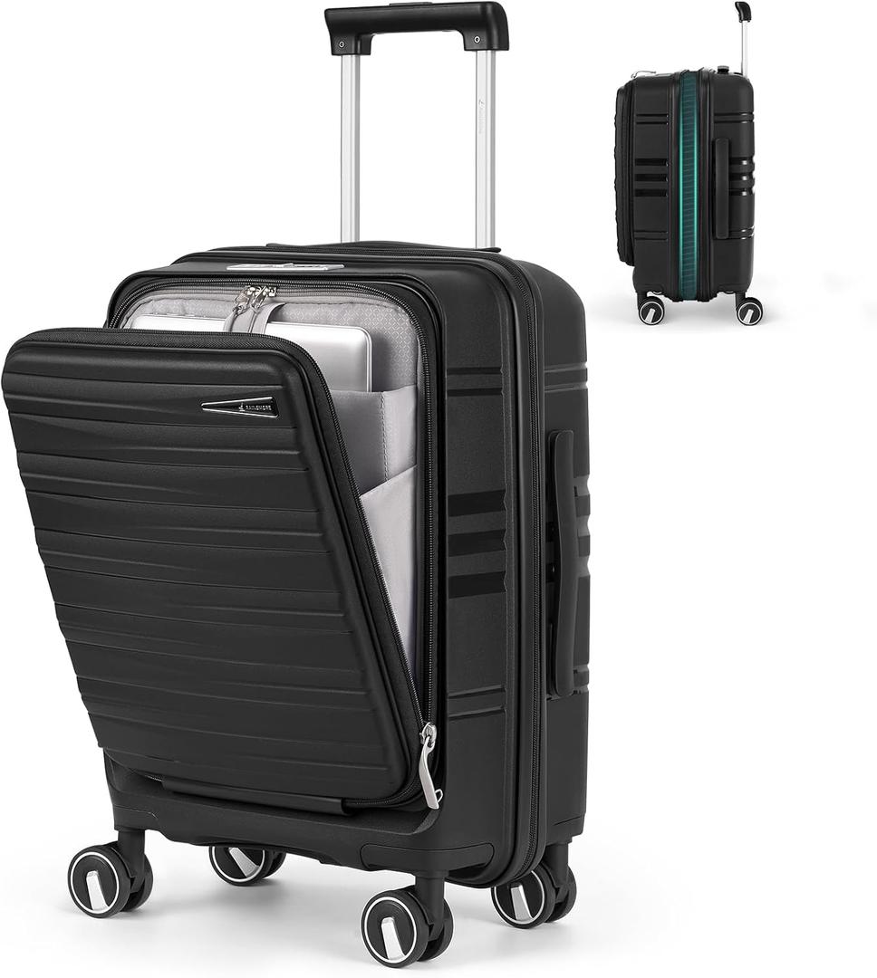 RAINSMORE Expandable Carry on Luggage 20 Inch, Airline Approved Carry on Suitcase with Front Pocket&Laptop Compartment, Hardshell Rolling Travel Luggage with Spinner Wheels,Black