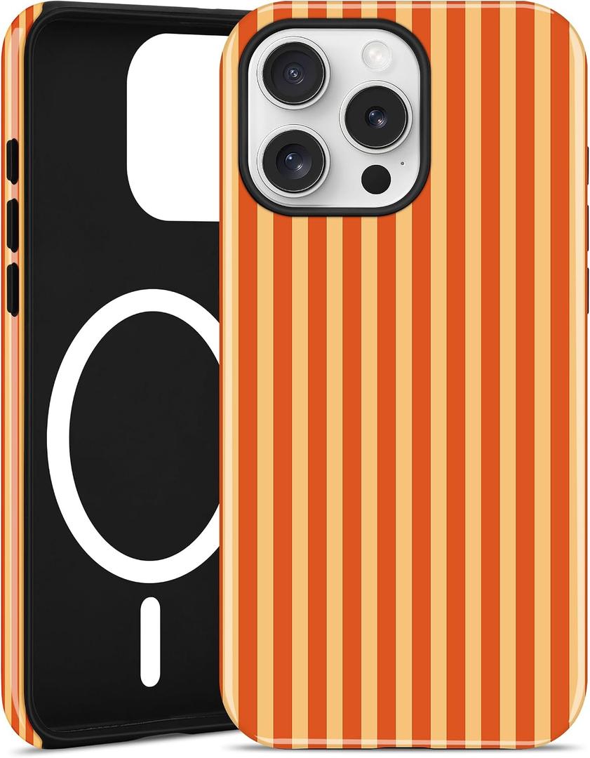 Jusy Magnetic Striped Phone Case for iPhone 15 Plus,Orange | Compatible with MagSafe, Cute Aesthetic Striped Design, TPU and PC Protective Shockproof Cover