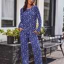 Ekouaer Women's Waffle Knit Pajama Sets Comfy Long Sleeve Lounge Sets 2 Piece Matching Pj Sets with Pockets (Blue, XL)