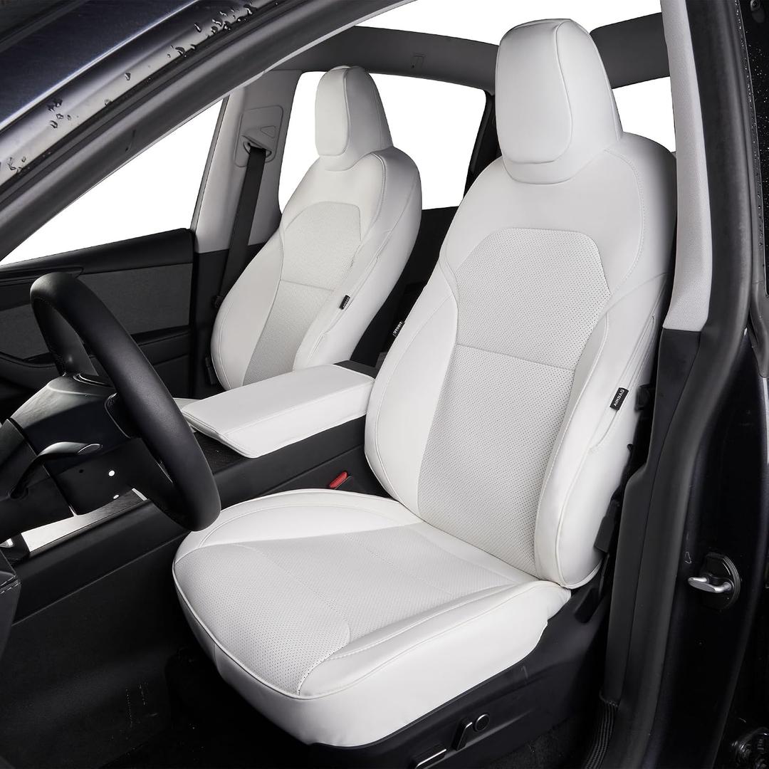 Premium White Nappa Leather Seat Covers for Tesla Model Y Refreshed Facelift Juniper 2025 2026, Full Set Custom Fit, Airbag & Seat Belt Compatible, Includes Installation Tools-White