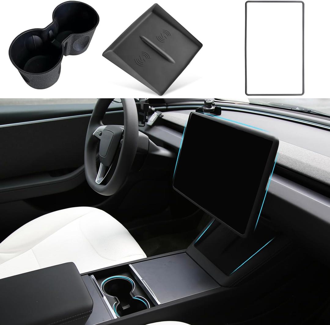 3PCS Center Console Accessories for Tesla New Model Y Juniper 2025 Model 3 Highland 2024 Cup Holder Insert, Screen Edge Protector Frame, Wireless Charger Mat Silicone, Black