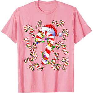 Red and White Christmas Candy Cane Santa Lights Christmas T-Shirt, Medium
