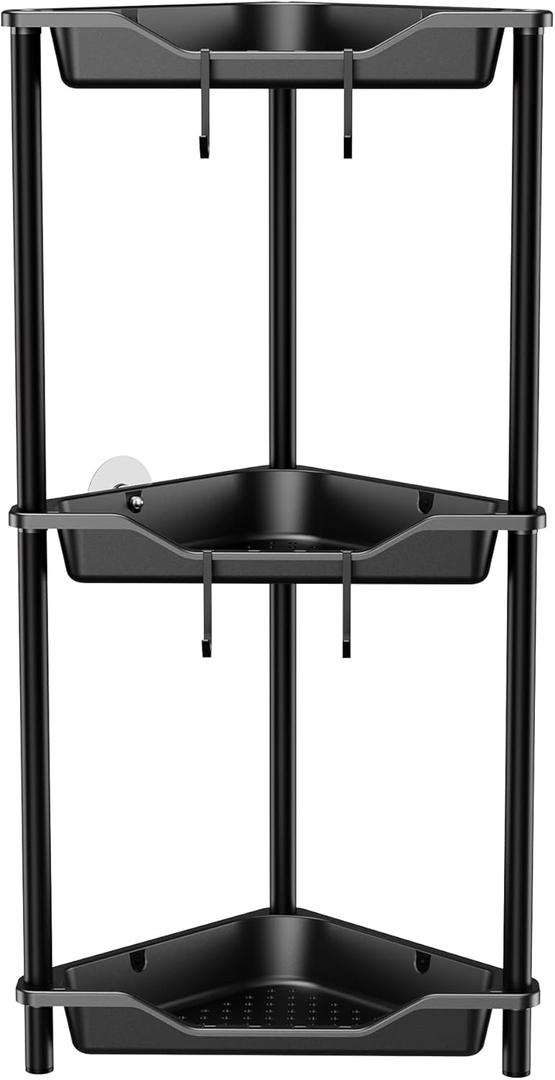 Orimade Rustproof 3 Tier Floor Standing Corner Shower Caddy Organizer, Plastic Metal Splicing Floor Corner Shelf Rack Stands for Bathroom, Black