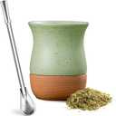 Yerba Mate Cup, 8 OZ Ceramic and Wood Gourd, Bombilla Straw and Cleaning Brush - Perfect for Traditional Preparation and Modern Style (Green)