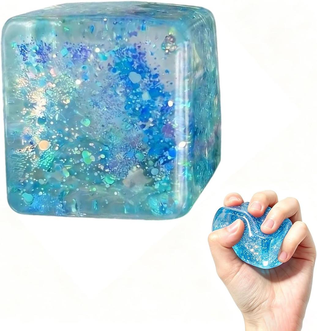 2 x Squeeze Stress Relief Cubes, Cube Stress Ball Slow Rise Ice Cube for Adult (Blue)