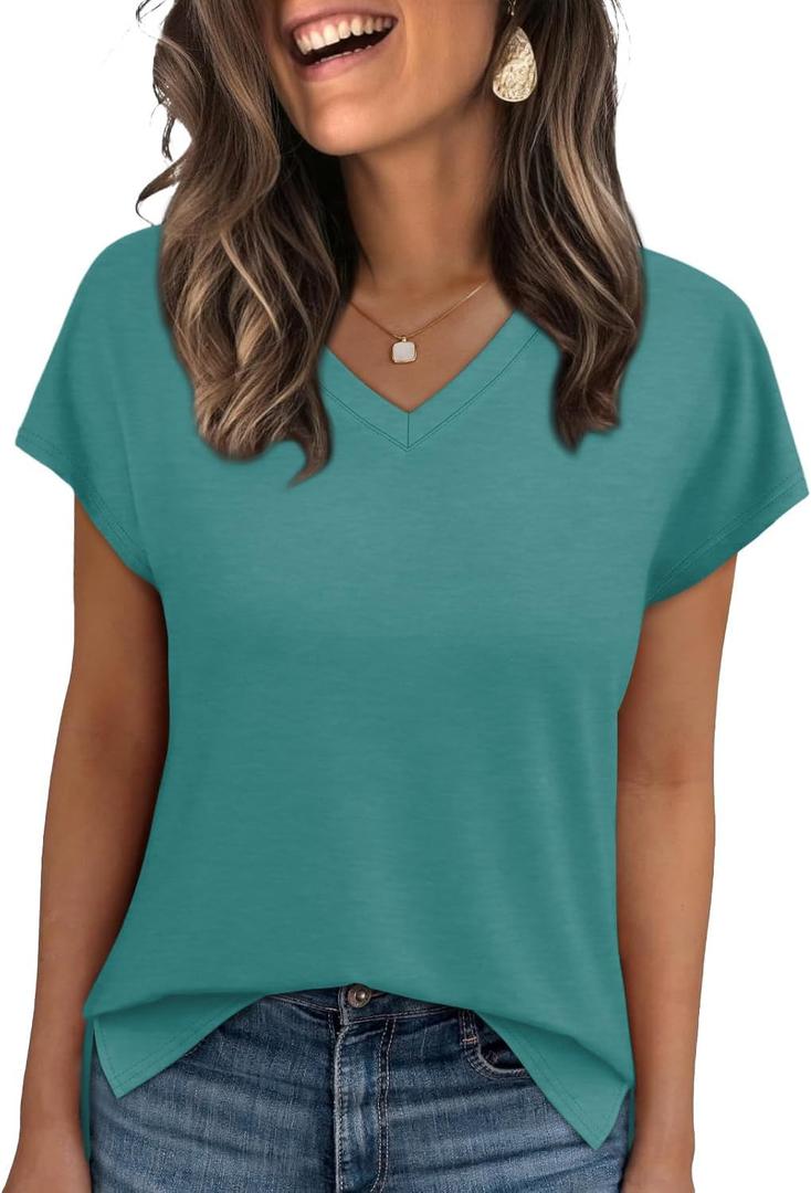 WIHOLL Womens Tops Basic Summer V Neck T Shirts Short Sleeve Dressy Casual Loose Fit Cute Tee Clothes Trendy Fashion Outfits (XX-Large)