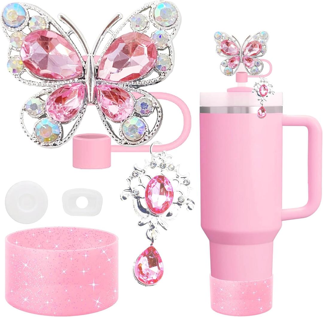 5pcs Pink Stanley Cup Accessories Set, Including Butterfly Straw Topper, Sparkly Silicone Boot, Stoppers Spill Proof, Shiny Charm Fits Stanley 40&30 Oz Tumbler with Handle