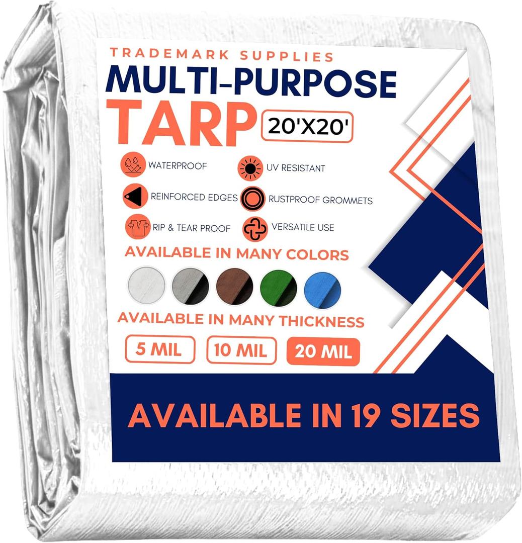 Tarp Cover White Heavy Duty 20 Mill Thick Material, Waterproof 20'X20' Great for Tarpaulin Canopy Tent, Boat, RV Or Pool Cover! by Trademark Supplies (Poly Tarp 20X20 Ultra Thick)