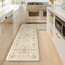 KIMODE Cushioned Kitchen Floor Mats Cushioned Anti Fatigue,Farmhouse Boho Floral Kitchen Runner Rug 2 Piece,Long Memory Foam Standing Carpet for Laundry Sink Office,Beige