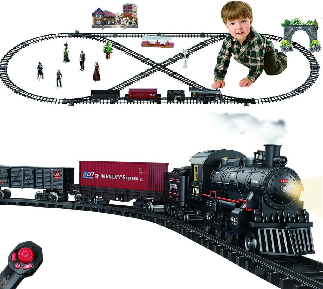 Electric Alloy Train Set for Kids Ages 4-8, Remote Control Metal Christmas Train Sets for Around The Tree, Trains Railway Kits w/Realistic Smoke,Sounds & Lights, Birthday Toys Gift for Boys Girls