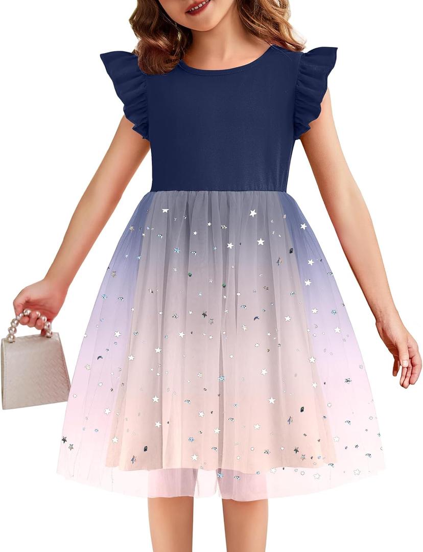 Flypigs Toddler Tutu Dress Girls Ruffle Tulle Dresses Cute Summer Party Princess Sundress for 2-7Y (5T, Navy Blue+champagne)