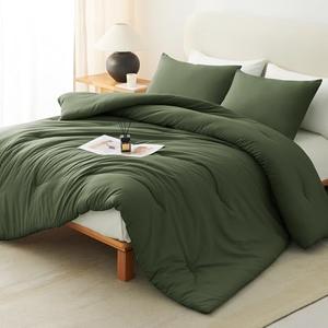 CozyLux Dark Olive Green Queen Comforter Set, 3 Pieces Solid Breathable Quilted Style Bedding Set, Luxury Fluffy Soft Bed Set with Down Alternative Comforter All Season (1 Comforter & 2 Pillowcases)