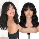 FAVE 14 Inches Human Hair Wig with Bangs Natural Wave Wig with Bangs Realistic 13 HD HD Lace Top,Natural Bangs and Color,Silk Texture