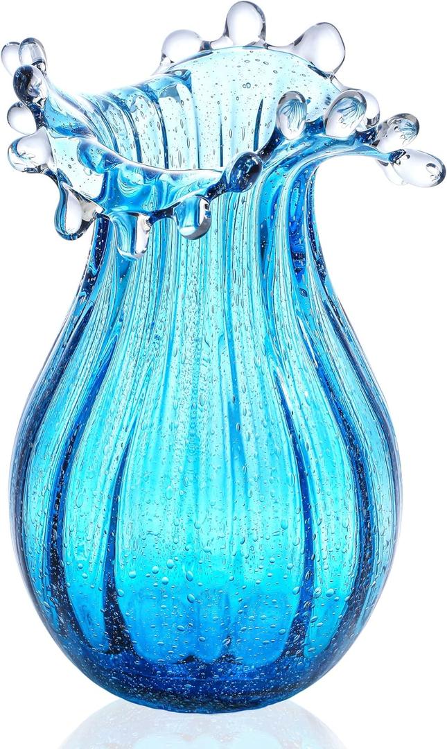 8inch Blown Glass Bubble Vase Collection Modern Art Flower Vase Decoration for Home Decor Living Room,Office,Centerpiece,Table and Wedding,Blue