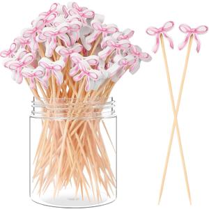 Chengu 200 Pcs Pink Bow Cocktail Picks Swizzle Stick Toothpicks 4.72 Inch Long Bamboo Cute Toothpicks for Appetizers Cupcake Drinks Coquette Birthday Bridal Wedding Baby Shower Bow Party Decoration