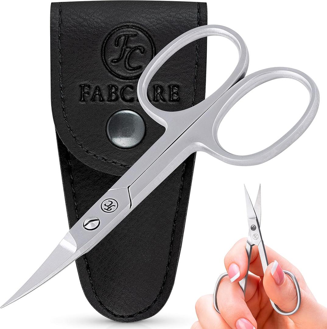 FABCARE curved nail scissors with pouch and e-book, innovative micro-serrations for fingernails, toenails, sharp cuticle trimming, professional stainless steel design, precise manicure grooming.