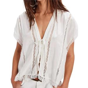Women Boho Crop Lace Tie Front Tank Summer Vacation Top Button Down Short Sleeve Beach Shirt Y2k Tops Clothes 2026 (White)