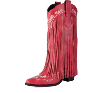 Embroidered Fringe Cowboy Boots for Women, Pull On Mid Calf Chunky Block Heel Pointed Toe Western Cowgirl Boots Riding Country Boot Retro Boots (Red)
