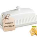 Ceramic Butter Dish with Lid, White Butter Holder Container with Porcelain Cover Knob Handle, Butter Dishes for Countertop Refrigerator, Perfect for East West Coast Butter Storage, Striped (Stripe-8.25")