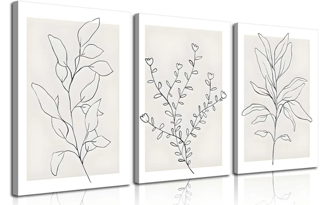 3Pcs Framed Neutral Botanical Wall Art Minimalist Abstract Botanical Line Canvas Posters Prints Modern Beige Boho Plant Paintings Wall Decor Pictures for Bedroom Living Room Home Decoration
