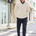 COOFANDY Men's Shawl Collar Sweaters V-Neck Relaxed Fit Cable Pullovers (L)