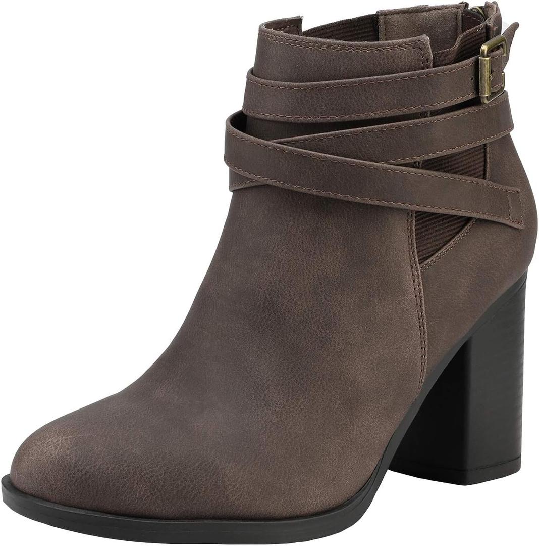 TOETOS Women's Chunky High Heel Ankle Boots Close Toe Fall Heeled Booties Shoes (5, Brown)