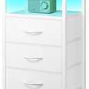 Night Stand Bedside Charger Bedroom - Nightstand with Charging Station, Bed Side Table with LED Light Strip, End Table with U-S-B Ports & AC Outlets, Storage Shelf & 3 Fabric Drawers, White