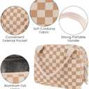 Checkered Lunch Bag for Women and Men, Insulated Corduroy Lunch Box with Handle and Pocket for Travel, Work, Picnics, Brown White Plaid