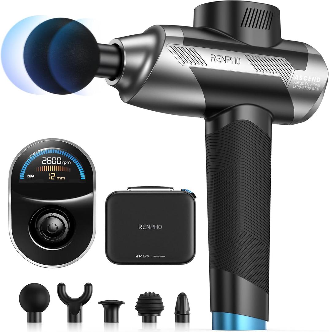 RENPHO Ascend Professional Massage Gun, Adjustable 6-12mm Amplitude for Customized Intensity, Deep Tissue Percussion Massager with 5 Speeds, 5 Attachments, Travel Case, FSA Eligible HSA (Black Gray)