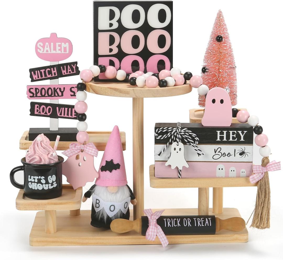 Pink Halloween Decorations 8PCS Tiered Tray Decor, Cute Girlie Tabletop Halloween Decor for Home Tray Shelf Fireplace Mantel Office Desk Table Centerpieces Farmhouse Rustic Spooky Wood Signs