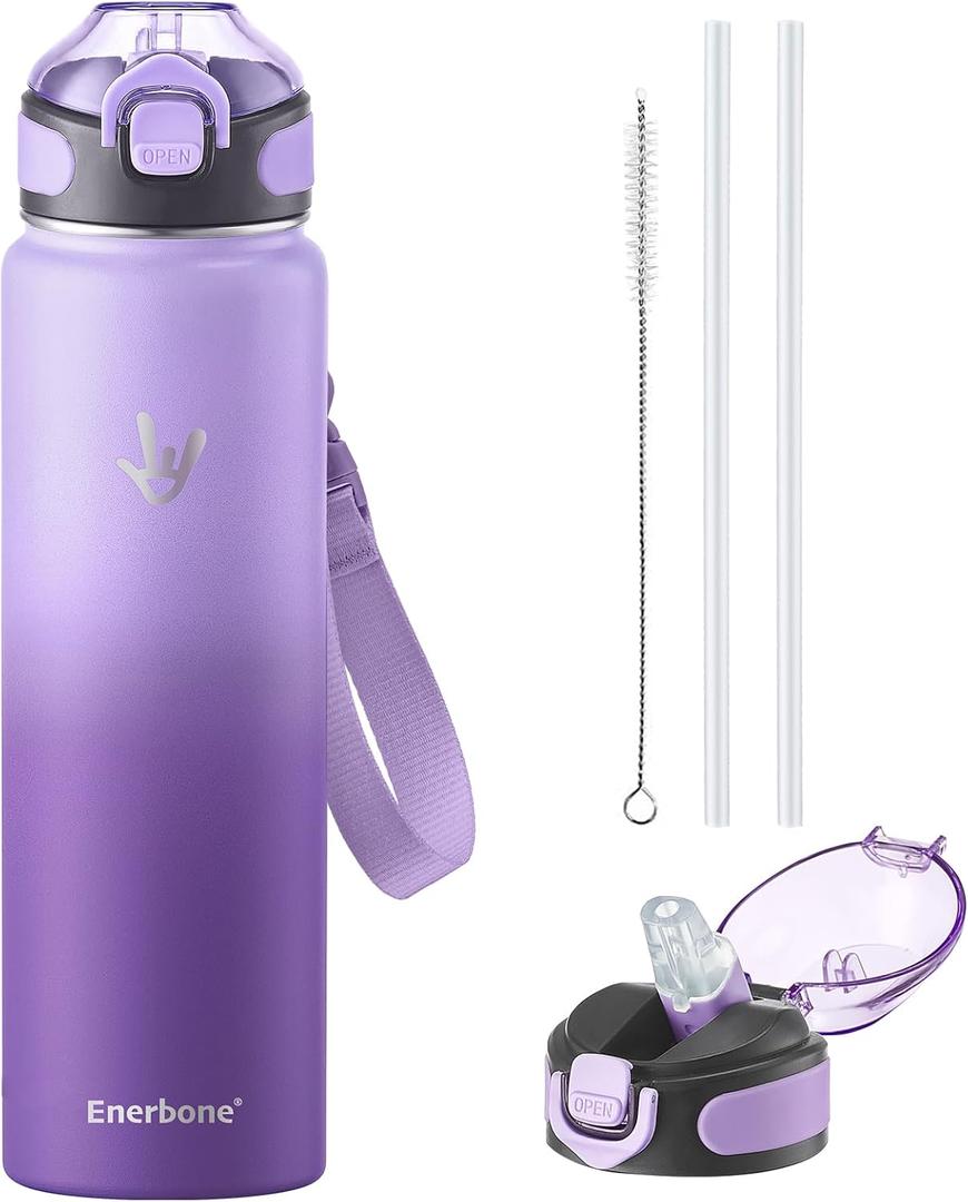 Enerbone 32 oz Insulated Water Bottle, Stainless Steel Bottle with Carrying Strap, Double-Wall Vacuum Insulation Design, Leakproof Sports Bottle with Straw, Keep Drinks Cold or Hot for Hours (Lavender)