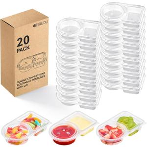 Qeirudu 20 Sets 6 oz Reusable Plastic Snack Containers, Double Compartment Condiment Containers with Lids for Meal Prep, Dipping Sauce, Portion Control, Travel Snack