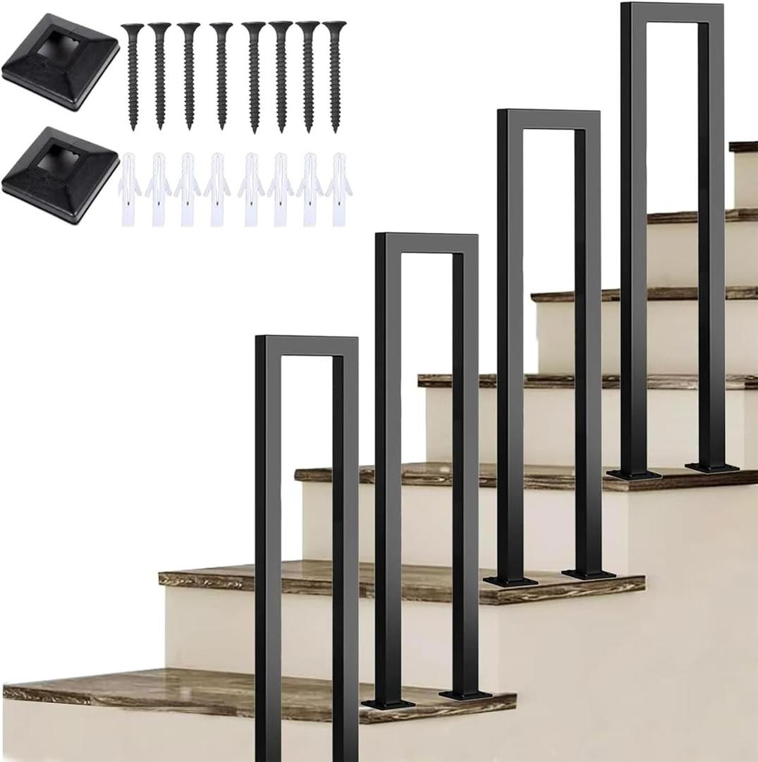 Stair Railing Lndoor,Hand Rails for Outdoor Steps, Metal U Shaped Handrails for Indoor Stairs, Lndustrial Wrought Lron Handrail, Stair Handrailfor Stairs Porch Garden (U-Black, 85CM)